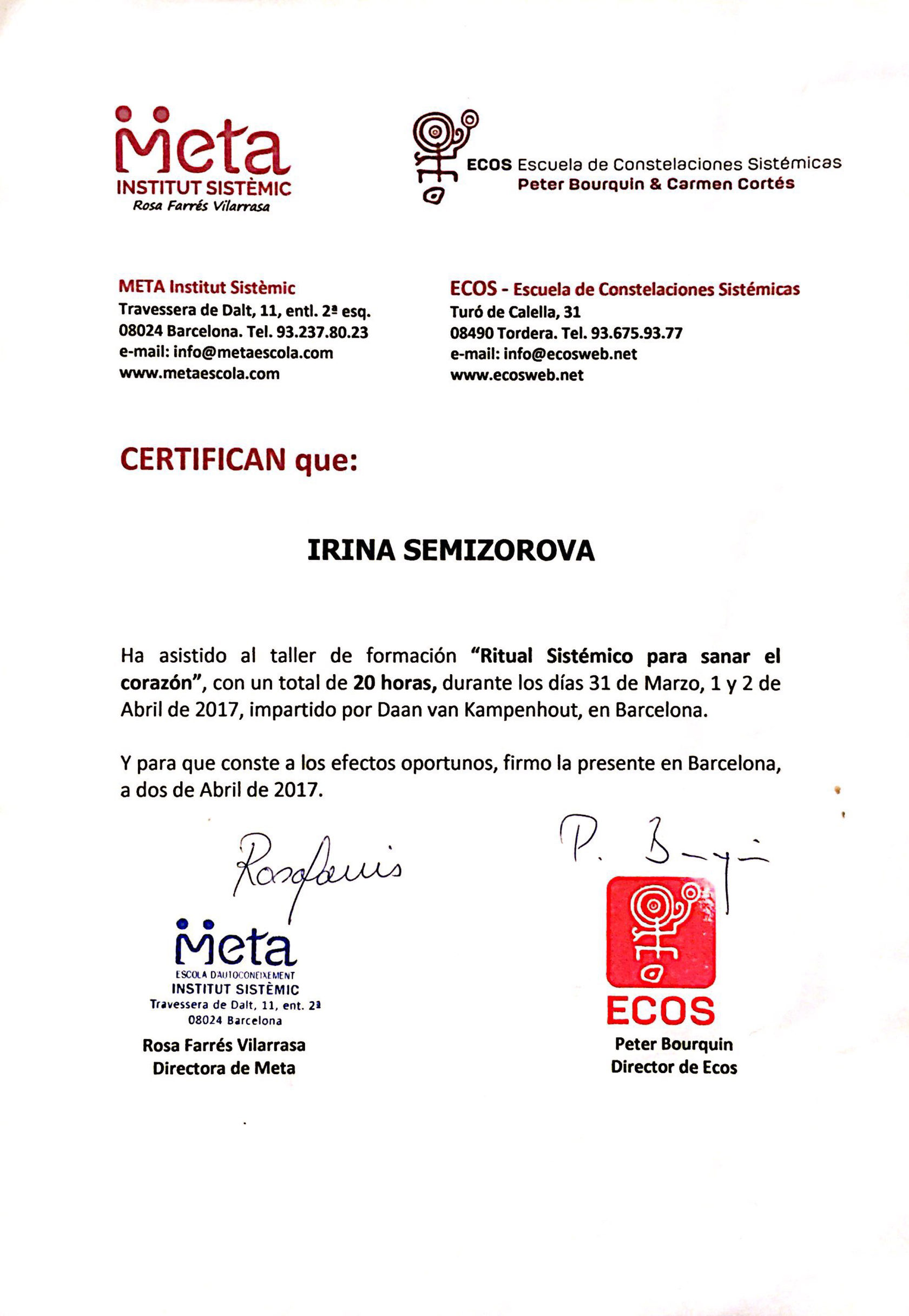 Certificado: «Ritual Sistémico para sanar el corazón» · META и ECOS, Барселона, 2017