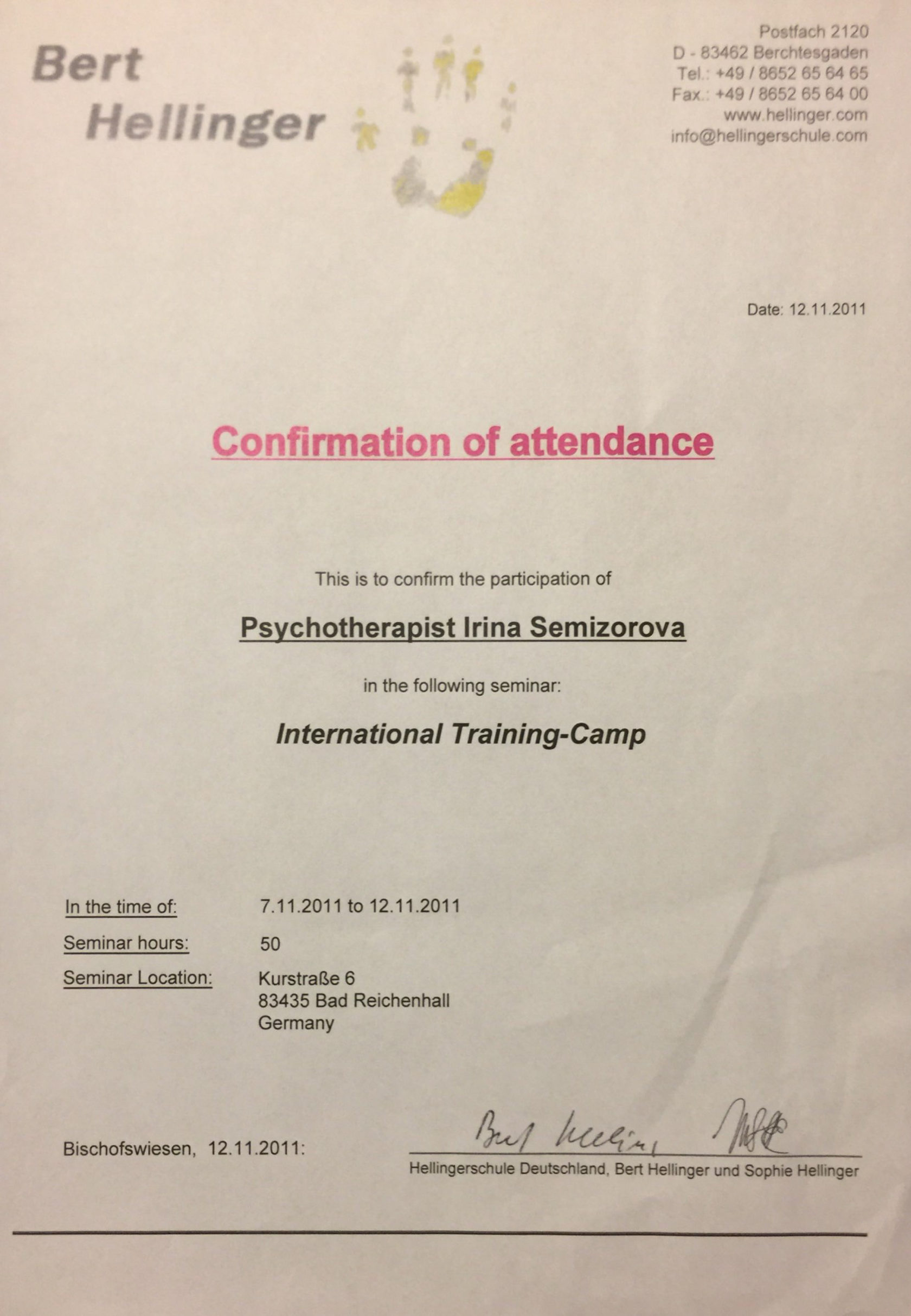 Confirmation of attendance: «International Training-Camp» · Hellingerschule, 2011